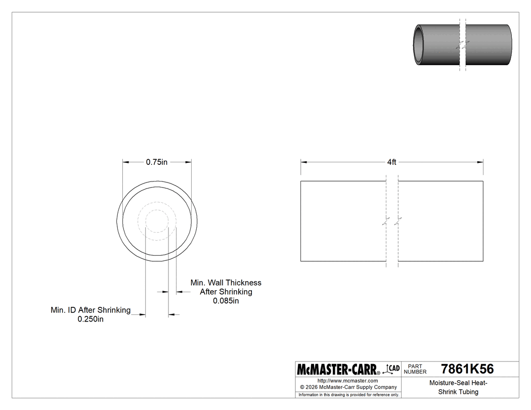 Technical Drawing of Moisture-Seal Heat-Shrink Tubing, Semi-Rigid, 3:1 Shrink, 0.75" ID Before Shrink, 4' Long.